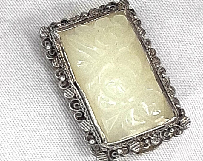 Vintage Art Deco Chinese Jadeite Jade Silver Dress Clip