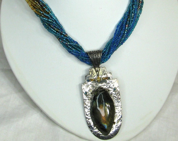 Custom Made Labradorite Sterling Pendant with Colorful Blue and Yellow Bead Necklace