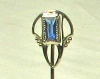 Silver Tone Vintage Art Nouveau Blue Glass Cravat Lapel Pin
