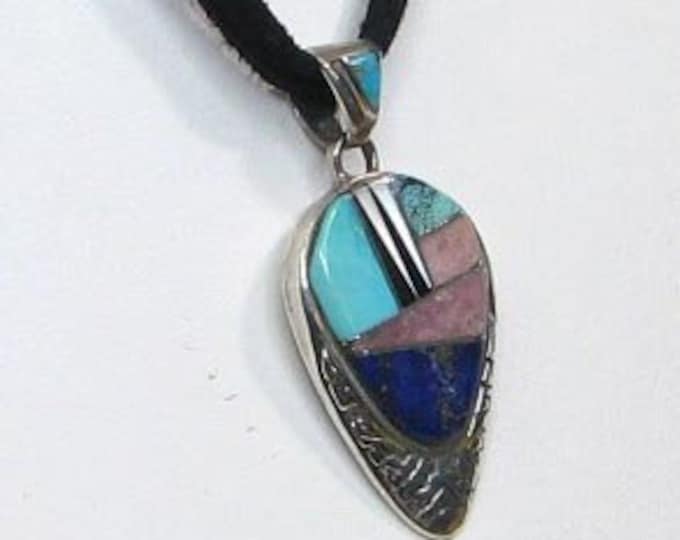 Calvin Begay Colorful Blue Sterling Silver Southwestern Pendant