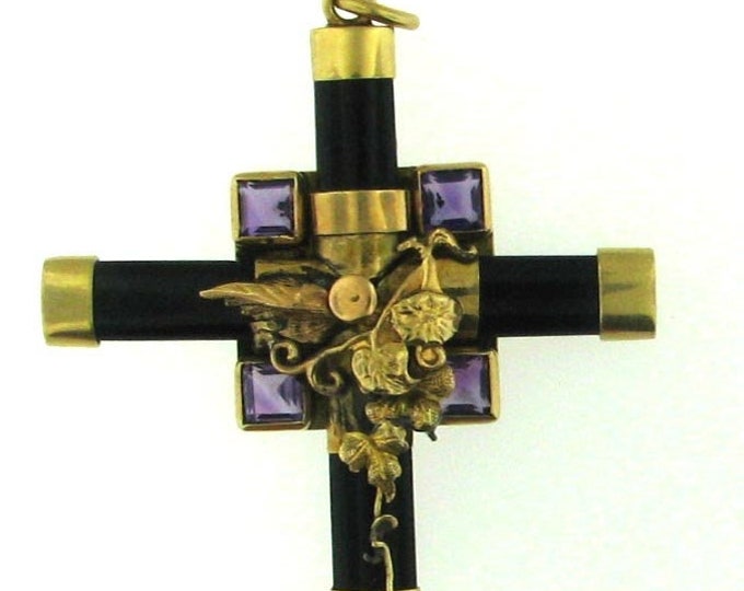 Extremely Detailed Gold Black Coral and Amethyst Cross Pendant