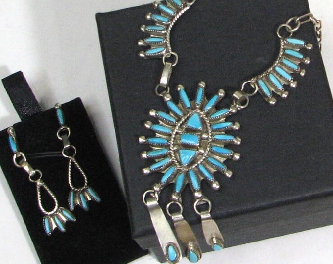 Sterling Silver Beverly Etsate Zuni Needle Point Turquoise Necklace and Earring Parure