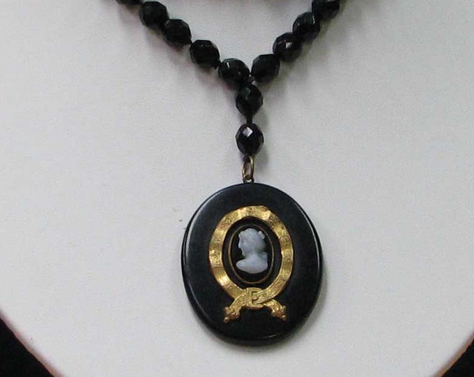 Vintage Victorian Mourning Necklace with Oynx Beads