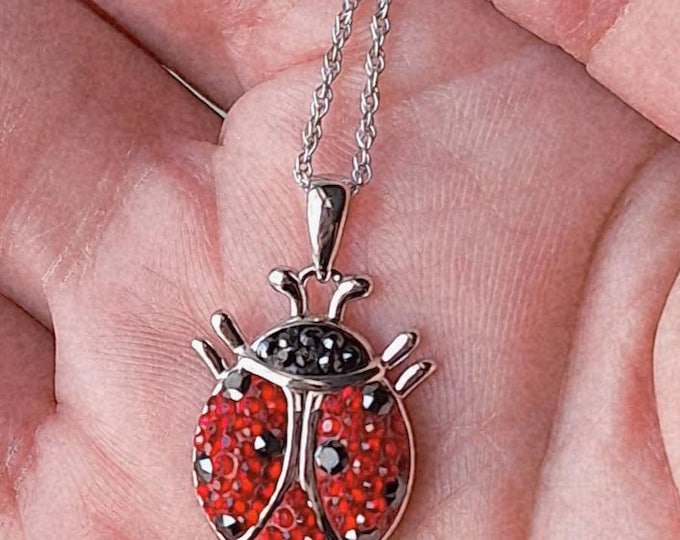 Sterling Silver Ruby Red Crystal Lady Bug Beetle Pendant with Chain