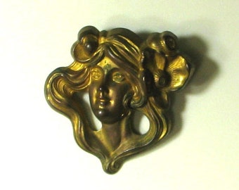 Vintage Brass Art Nouveau Lady Brooch