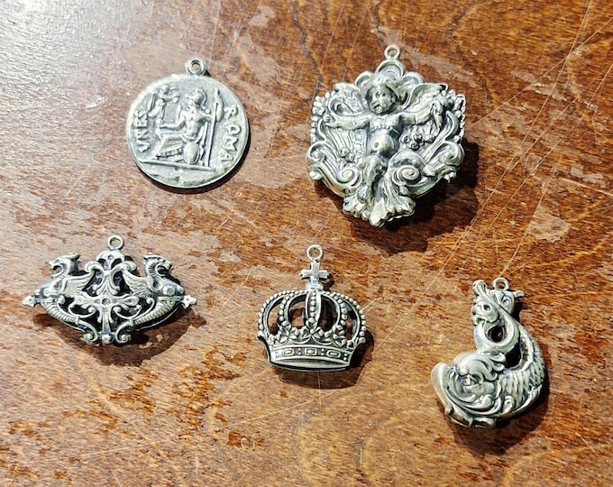 Silver Tone Italian Charms - Coin Fish Cupid Dragon Crown