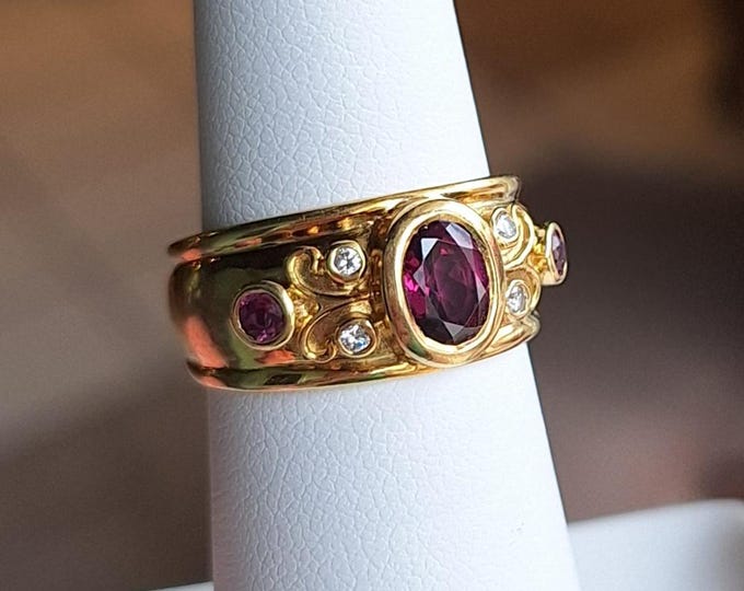 Fancy 14K Yellow Gold Rhodolite Garnet and Diamond Ring