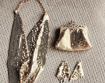 Vintage Whiting & Davis Gold Mesh Parure Bib Necklace Earrings and Purse