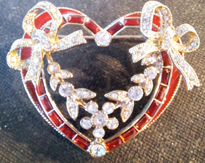 Vintage Napier Red and Colorless Rhinestone Heart Shaped Brooch