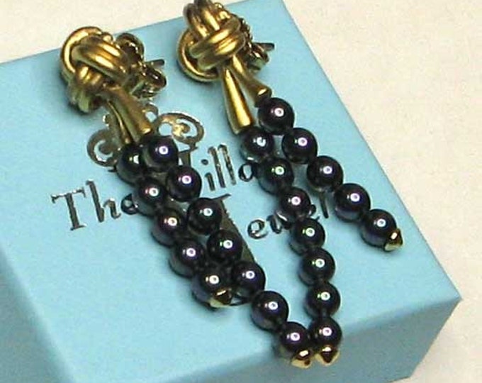 Vintage  Majorca Gold Tone Knot and Black Pearl Earrings