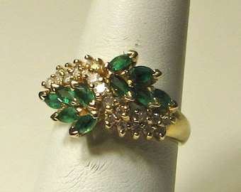 Marquise Emerald and Round Diamond Bypass Ring