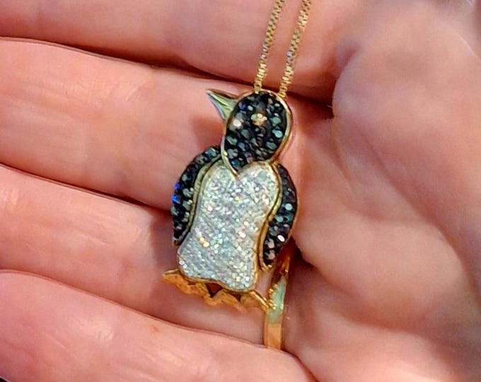 Adorable Gold Tone Crystal Penguin and Chain