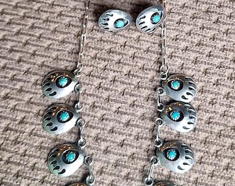 Native American Sterling Silver Turquoise Bear Paw Necklace and Earring Set