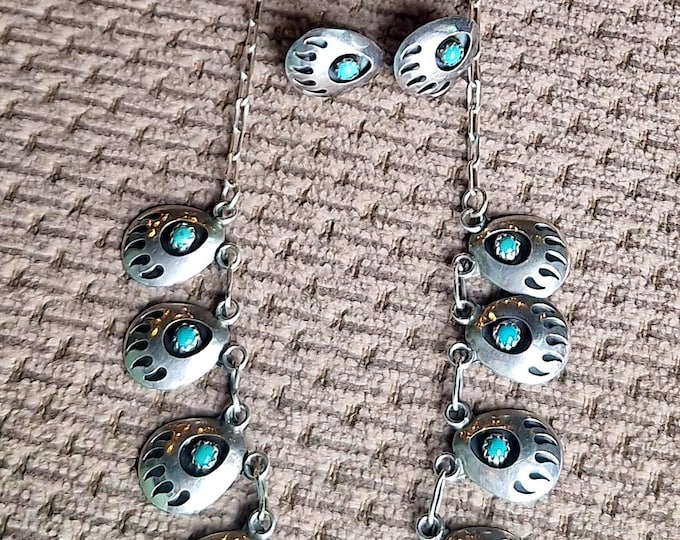 Native American Sterling Silver Turquoise Bear Paw Necklace and Earring Set