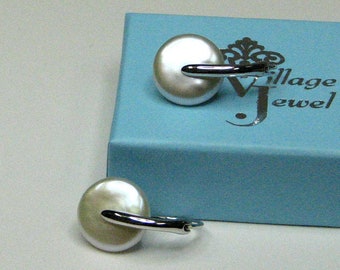 Sterling Silver Button Pearl White Disc Drop Earrings