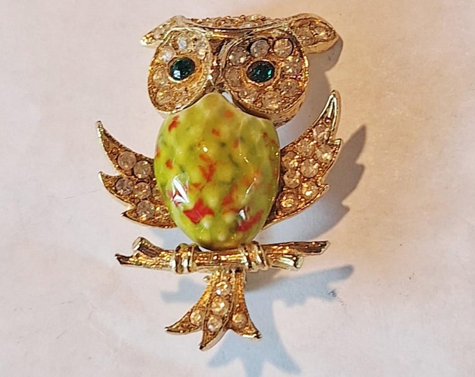 Vintage Gold Tone Rhinestone Ceramic Owl Brooch