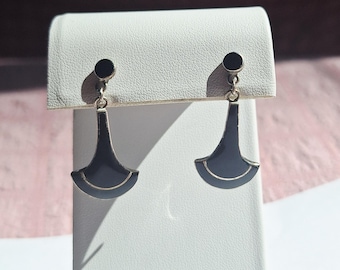 Sterling Silver Art Deco Style Black Enamel Drop Earrings