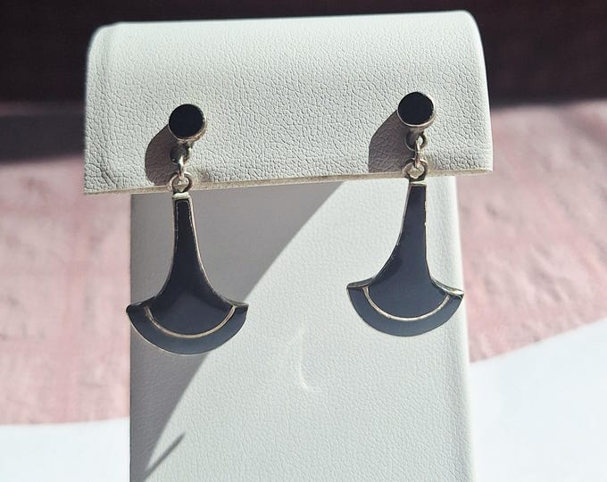 Sterling Silver Art Deco Style Black Enamel Drop Earrings