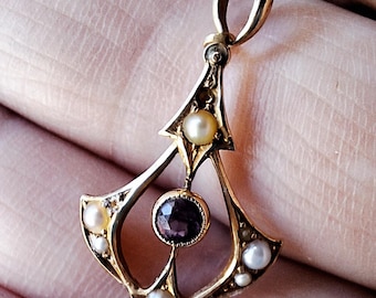 SWEET Vintage Edwardian Gold Amethyst and Pearl Lavalier