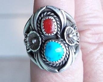 Native American Sterling Silver Coral and Turquoise Ring