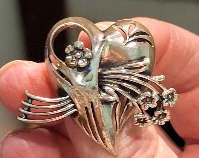 Sterling Silver Dimensional Flower and Heart Brooch Pin