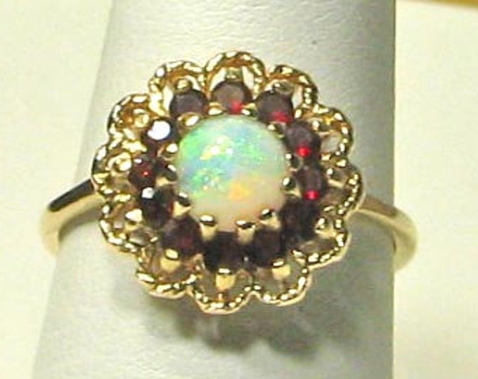 14K Gold Opal Cabochon and Garnet Ring