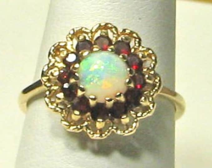 14K Gold Opal Cabochon and Garnet Ring