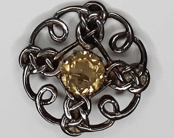 Sterling Silver Celtic Cross Kilt Scarf Pin with Yellow Stone