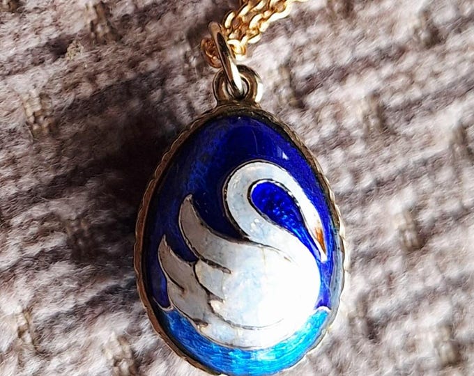 Navy Blue Enamel Gold Tone Egg Pendant with Swan