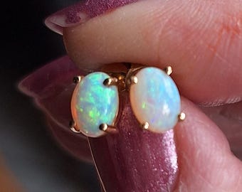 14K Yellow Gold Oval Natural Opal Stud Earrings