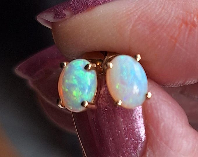 14K Yellow Gold Oval Natural Opal Stud Earrings
