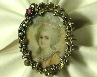 Vintage Victorian Rococo Revival Painted on Glass Silver Brooch