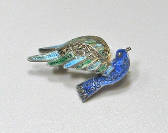 Vintage Spun Silver Enamel Dove Bird Brooch