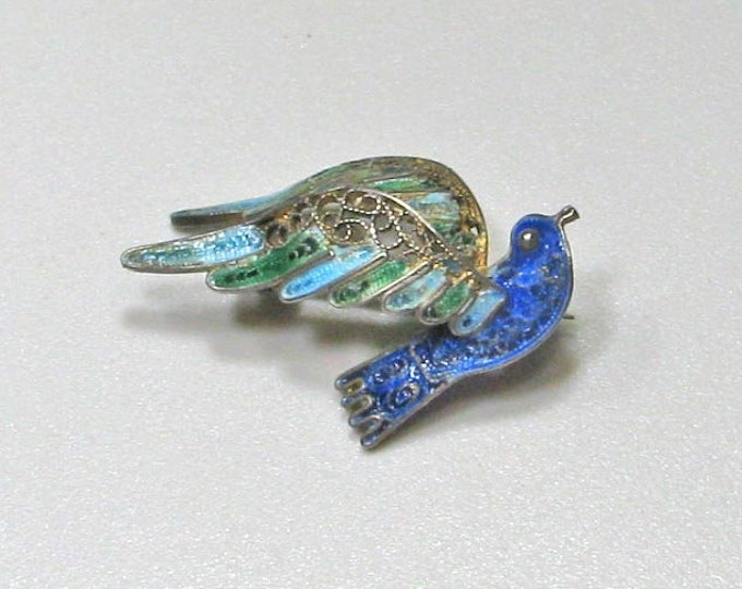 Vintage Spun Silver Enamel Dove Bird Brooch