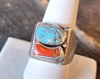 Large Gents Native American Sterling Silver Turquoise and Coral Ring
