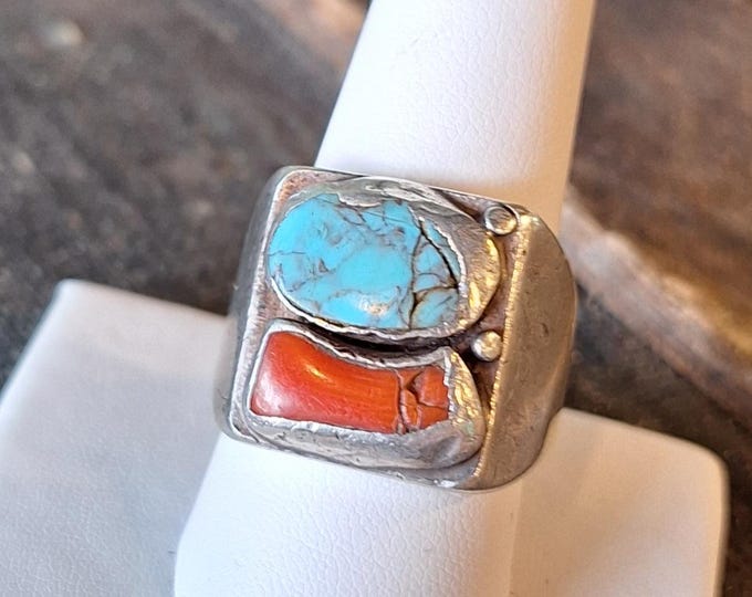 Large Gents Native American Sterling Silver Turquoise and Coral Ring