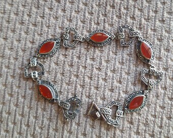Sterling Silver Carnelian and Marcasite Art Deco Style Bracelet