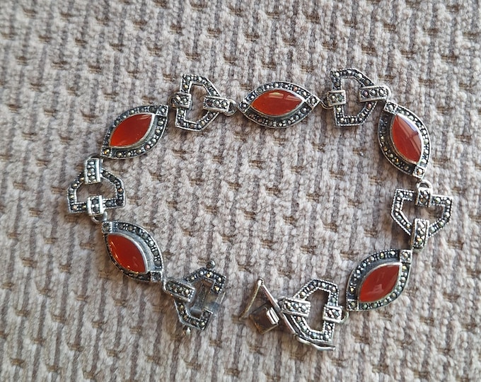 Sterling Silver Carnelian and Marcasite Art Deco Style Bracelet