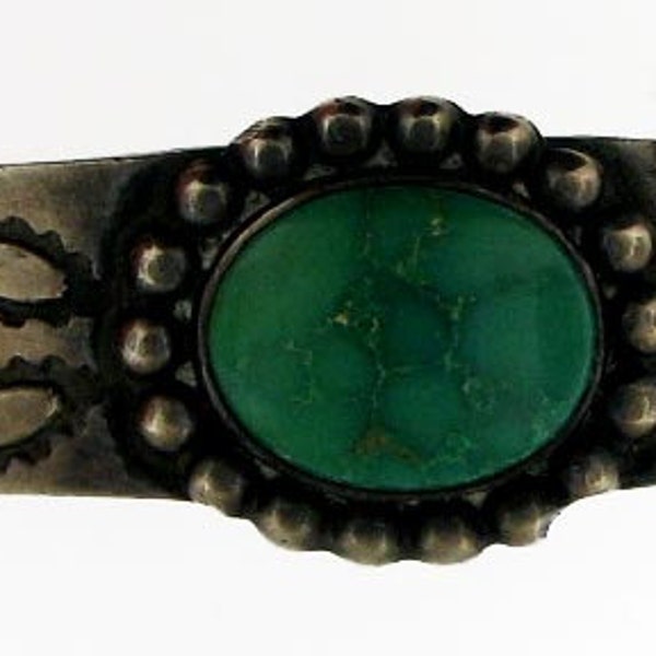 Native American Silver Bangle Bracelet with Greenish Turquoise with Heavy Copper Content