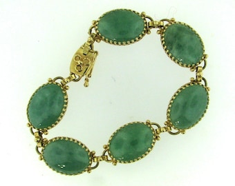 14K Yellow Gold Green Jadeite Jade Link Bracelet