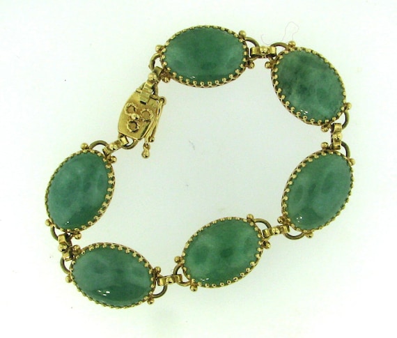 14K Yellow Gold Green Jadeite Jade Link Bracelet Etsy Canada