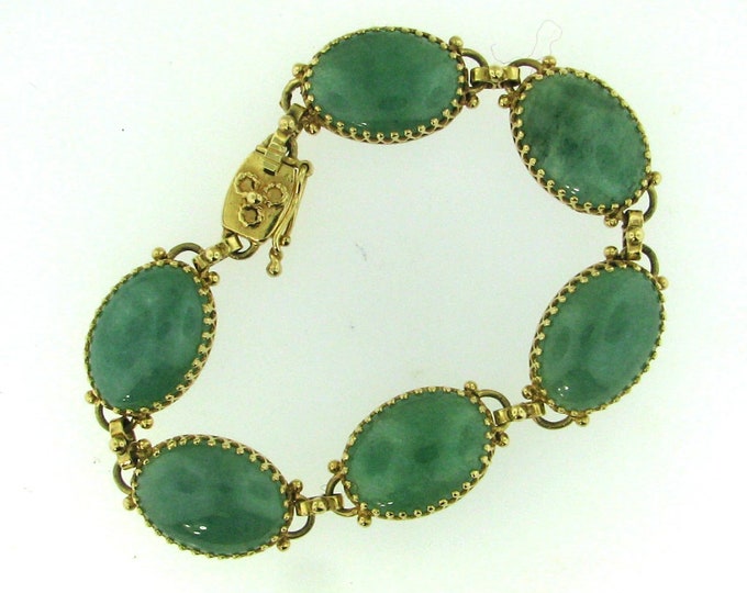 14K Yellow Gold Green Jadeite Jade Link Bracelet