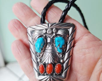 Vintage Sterling Silver Turquoise and Coral Bennett Bolo Tie