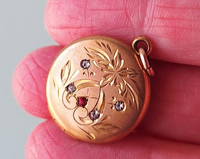 Vintage Victorian Gold Filled Locket with Red and Colorless Rhinestones