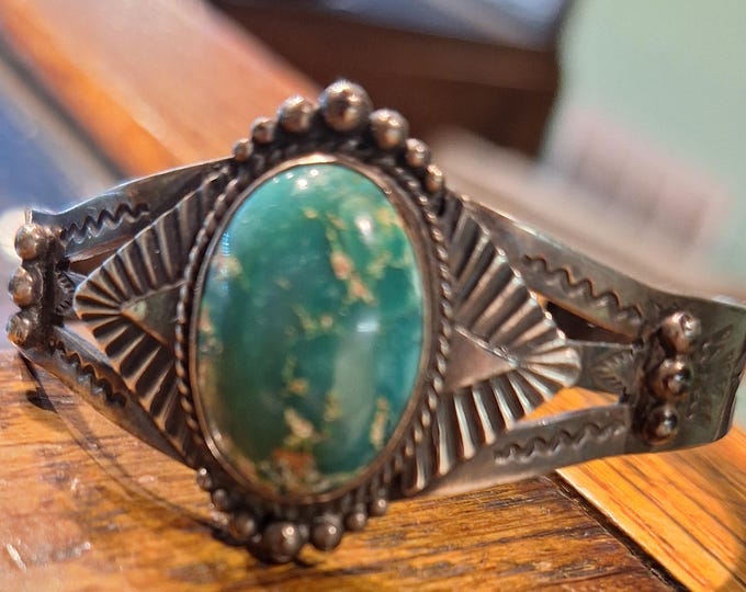Vintage Fred Harvey Style Sterling Silver Green Turquoise Bracelet