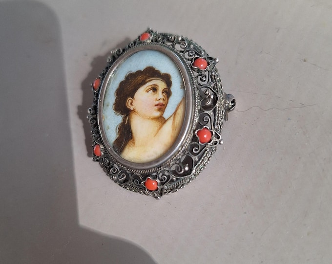 Vintage 800 Silver Portrait Miniature Brooch with Coral Cabochons