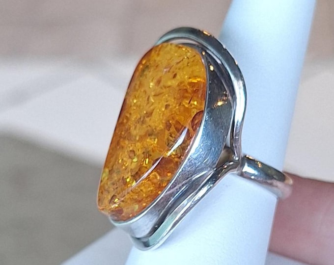 Sterling Silver Large Amber Ring