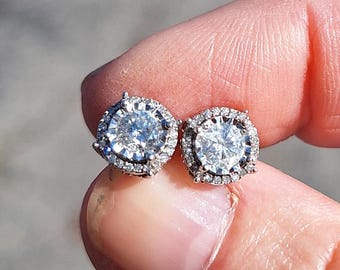 14K White Gold Halo Natural Diamond Stud Earrings with Threaded Posts