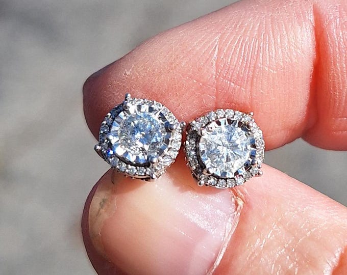 14K White Gold Halo Natural Diamond Stud Earrings with Threaded Posts