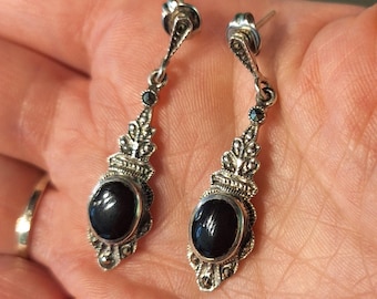 Sterling Silver Edwardian Style Black Enamel and Marcasite Drop Earrings
